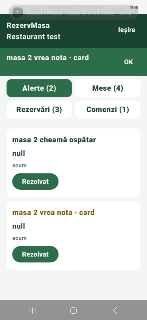 Aplicația de personal: alerte de ospătar și notă
