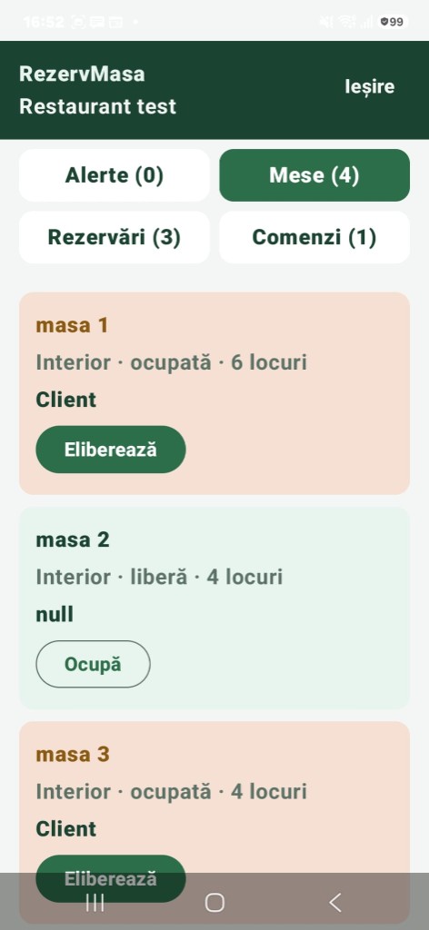 Aplicația de personal: mese libere și ocupate