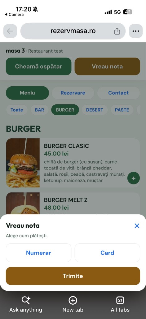 Pagina mesei: Cheamă ospătar și Vreau nota, cu alegere numerar sau card